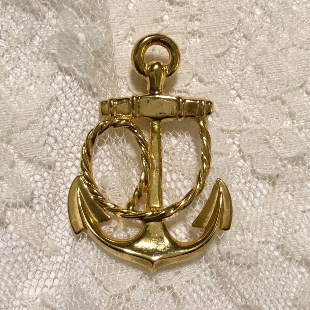 Vintage Carol Lee Anchor Brooch Gold Tone Nautical Jewelry